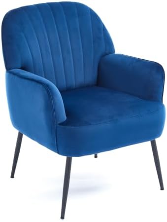Velvet Accent Chair, Channel Tufted Shell Back Armchair, Ergonomic Upholstered Reading Chair with Wood Legs, Modern Single Sofa Chair for Living Room, Bedroom, Vanity (Gray) — Blue (2)