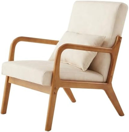 Achicsofar Accent Chair Mid Century Modern Armchair with Lumbar Support Pillow Wood Legs PU Leather Upholstered Lounge Chairs Comfy High Back Cushion for Living Room Bedroom — Beige White / Large Size (7)