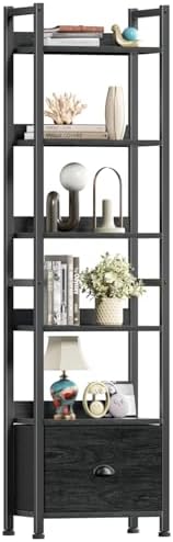 Furologee 5 Tier Bookshelf with Drawer, Tall Narrow Bookcase with Shelves, Wood and Metal Bookshelves Storage Organizer, Industrial Display Standing Shelf Unit for Bedroom, Living Room, Rustic Brown