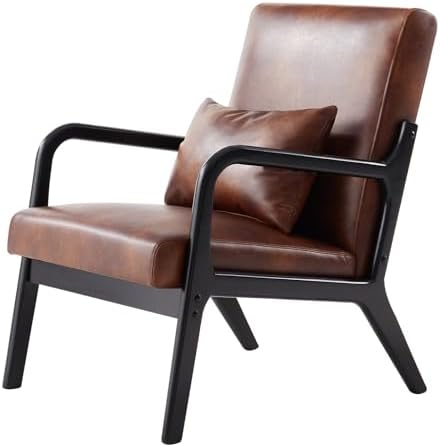 Achicsofar Accent Chair Mid Century Modern Armchair with Lumbar Support Pillow Wood Legs PU Leather Upholstered Lounge Chairs Comfy High Back Cushion for Living Room Bedroom — Vintage Brown / Large Size (2)