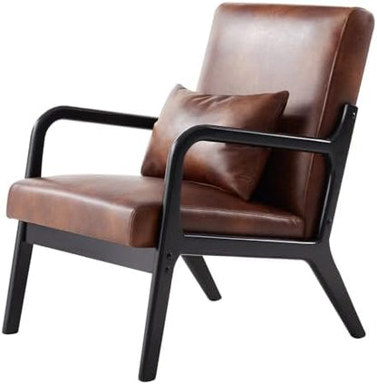 Achicsofar Accent Chair Mid Century Modern Armchair with Lumbar Support Pillow Wood Legs PU Leather Upholstered Lounge Chairs Comfy High Back Cushion for Living Room Bedroom — Vintage Brown / Large Size (2)