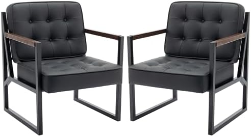 COLAMY Mid Century Modern Accent Chair Set of 2, Comfy Living Room Chair, Black Leather Accent Chair, Faux Leather Reception Armchair with Metal Legs for Living Room Bedroom Reception Office, Black
