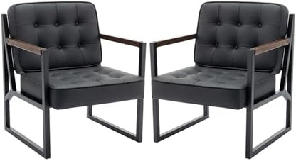 COLAMY Mid Century Modern Accent Chair Set of 2, Comfy Living Room Chair, Black Leather Accent Chair, Faux Leather Reception Armchair with Metal Legs for Living Room Bedroom Reception Office, Black