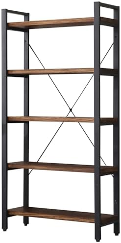 WH-AOERPUMY 5 Tier Bookcase, Solid Wood Bookshelf Rustic Vintage Industrial Etagere Bookcase, Metal and Wood Free Vintage Bookshelf, Retro Brown (5-Tiers)