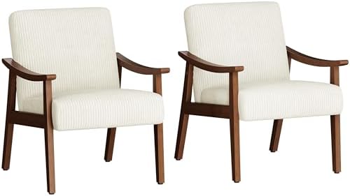 Yaheetech Faux Leather Accent Chair, Mid-Century Modern Armchair with Solid Wood Legs, Reading Leisure Chair with High Back for Living Room Bedroom Waiting Room, Set of 2, Brown — Beige / Corduroy Fabric (2)
