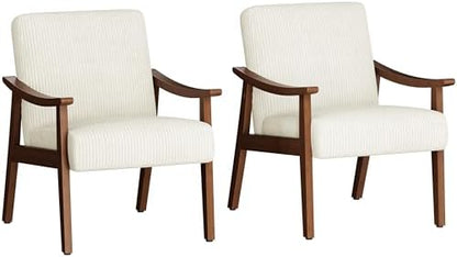 Yaheetech Faux Leather Accent Chair, Mid-Century Modern Armchair with Solid Wood Legs, Reading Leisure Chair with High Back for Living Room Bedroom Waiting Room, Set of 2, Brown — Beige / Corduroy Fabric (2)