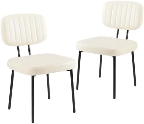 Sweetcrispy Dining Chairs Set of 2, Upholstered Mid Century Modern Kitchen Accent Chairs with Faux Leather Cushion Seat & Metal Legs for Home Office, Living Room-Beige White