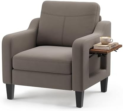 Accent Chair for Living Room, Mid-Century Upholstered Armchair with Foldable Table & 2 Side Pockets, Modern Linen Wooden Sofa Chair for Bedroom & Reading Room, Light Grey — Brown / 1 (2)