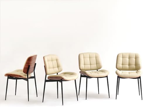 GrandNoor Mid Century Modern Dining Chairs with Walnut Grain Back, Brown Faux Leather Dining Room Chairs Set of 2, Checkered Soft Cushion Kitchen Chairs with Adjustable Foot Pads — A-beige / Set of 4 (2)