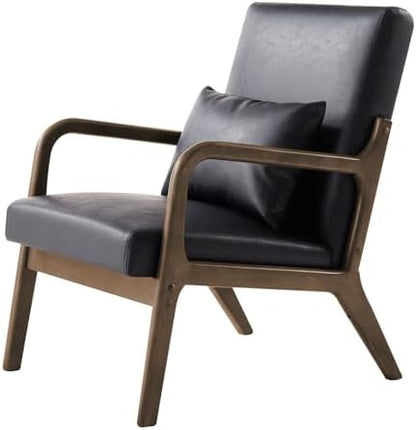 Achicsofar Accent Chair Mid Century Modern Armchair with Lumbar Support Pillow Wood Legs PU Leather Upholstered Lounge Chairs Comfy High Back Cushion for Living Room Bedroom — Matte Black / Large Size (2)