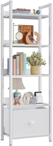 Furologee 5 Tier Bookshelf with Drawer, Tall Narrow Bookcase with Shelves, Wood and Metal Bookshelves Storage Organizer, Industrial Display Standing Shelf Unit for Bedroom, Living Room, Rustic Brown