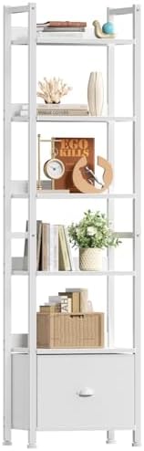 Furologee 5 Tier Bookshelf with Drawer, Tall Narrow Bookcase with Shelves, Wood and Metal Bookshelves Storage Organizer, Industrial Display Standing Shelf Unit for Bedroom, Living Room, Rustic Brown