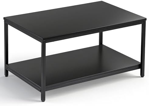 SUPER DEAL 2-Tier Industrial Coffee Table with Storage Shelf for Small Apartment Living Room, Rectangle Wood and Stable Metal TV Stand Side End Table, Rustic Brown