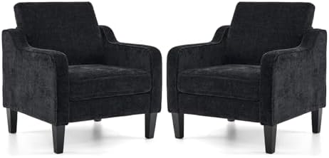 VINGLI Modern Accent Chairs Set of 2, Beige Living Room Chairs Comfy Armchair for Bedroom, Upholstered Sofa Chair Reading Chair for Small Spaces, Apartment, Waiting Room — 1 / Black Chenille (2)