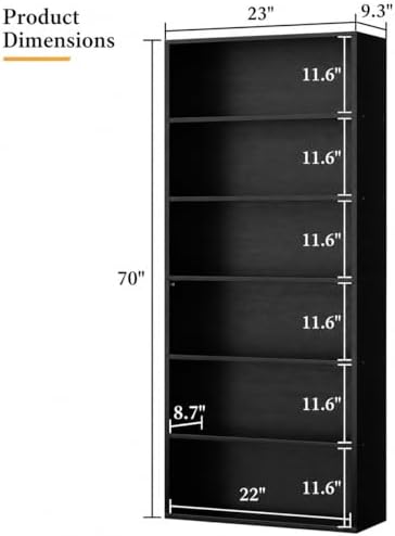 6-Tier Bookshelf, Modern Open Bookcase,6 Shelf Display Storage Shelves Floor Standing, 71 inches Tall Shelves for Home Office, Black