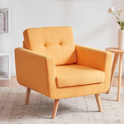 Tbfit Linen Fabric Single Sofa, Accent Chair, Mid Century Modern Armchair for Living Room, Bedroom Button Tufted Upholstered Comfy Reading Sofas, Beige — Single / Yellow (2)
