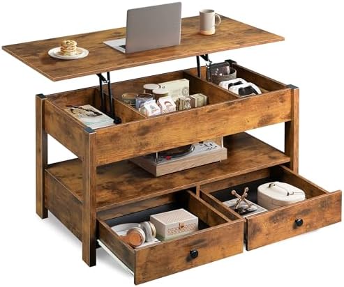 WLIVE Coffee Table with Lifting Top, Hidden Storage & Adjustable Shelf for Living Room Small Space, Multifunctional Rising Wooden Center Table, Mid Century Modern Tables for Home Dining Office, Brown