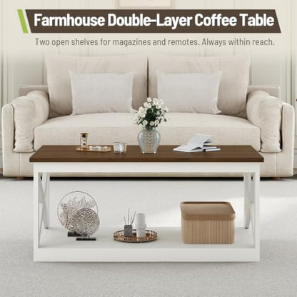 3 Pieces Farmhouse Coffee Table and End Table Sets with AC | 2 Side Tables with USB Ports for Living Room, Office, Apartment, White and Walnut