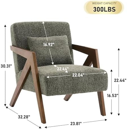 Mid-Century Modern Accent Chair with Solid Wood Frame，Upholstered Chenille Living Room Arm Chairs with Pillow for Bedroom, Living Room, Balcony, Reading Room, Green