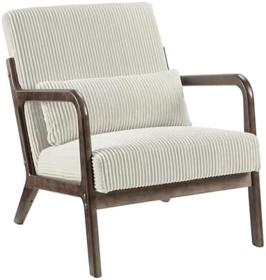 Garvee Mid-Century Chenille Accent Chair, Cozy Reading Chair, Modern Lounge Armchair with Lumbar Pillow, Solid Wood Frame, for Living Room, Bedroom, Office, Beige