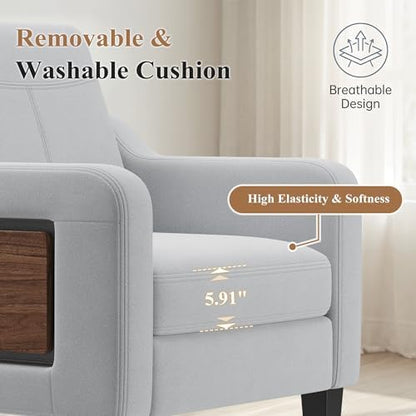 Accent Chair for Living Room, Mid-Century Upholstered Armchair with Foldable Table & 2 Side Pockets, Modern Linen Wooden Sofa Chair for Bedroom & Reading Room, Light Grey