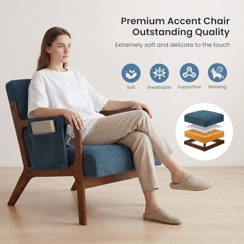 DUMOS Mid Century Modern Accent Chair, Upholstered Armchair with Lumbar Pillow and Solid Wood Frame, Comfy Reading Chair for Small Living Room, Bedroom, Guest Room, Navy Blue