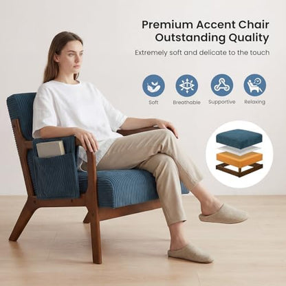 DUMOS Mid Century Modern Accent Chair, Upholstered Armchair with Lumbar Pillow and Solid Wood Frame, Comfy Reading Chair for Small Living Room, Bedroom, Guest Room, Navy Blue