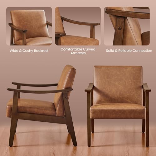 Yaheetech Faux Leather Accent Chair, Mid-Century Modern Armchair with Solid Wood Legs, Reading Leisure Chair with High Back for Living Room Bedroom Waiting Room, Set of 2, Brown