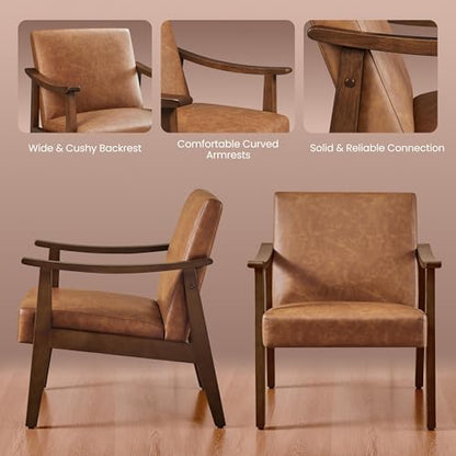 Yaheetech Faux Leather Accent Chair, Mid-Century Modern Armchair with Solid Wood Legs, Reading Leisure Chair with High Back for Living Room Bedroom Waiting Room, Set of 2, Brown
