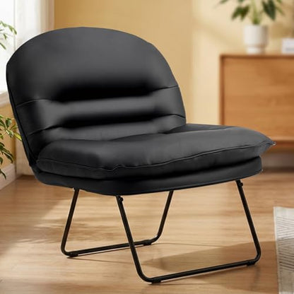 DUMOS Comfy Saucer Chair, Faux Fur Lounge Seasting XL Circle Chair for Bedroom, Dorm & Gaming, Foldable Fashion Accent Seat for Small Spaces, Folding Moon/Mushroom/Round Oversized Style,White — New Black-pu Leather / Round-28 x 31 Inches (2)