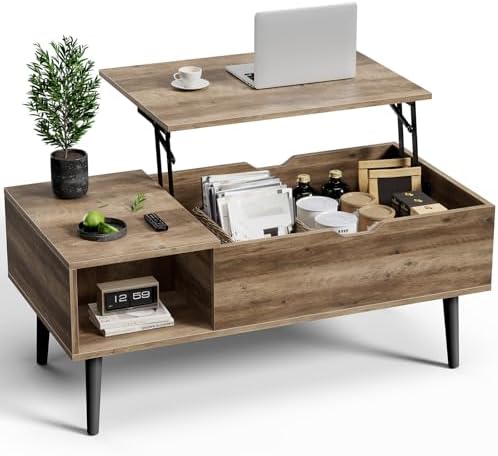 OLIXIS Wooden Coffee Table, Lift Top Coffee Table with Large Hidden Compartment and Ample Storage Shelf, Lift Tabletop Dining Table for Living Room, Home Small Space, Rustic — Grey / 39.4 In (2)