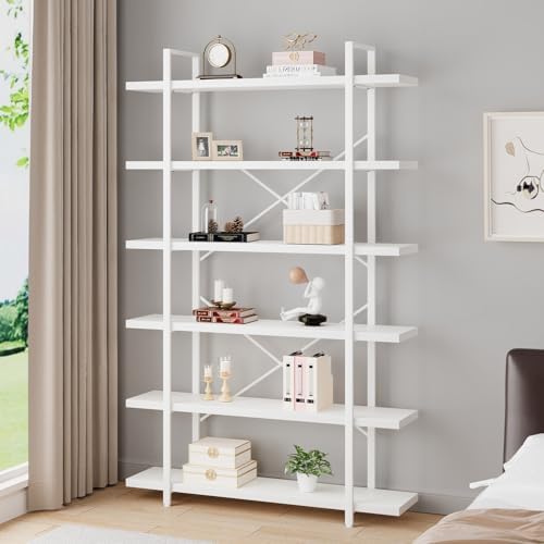 HSH White Bookshelf, 6 Tier Tall Bookcases for Bedroom Living Room Office | Industrial Modern Vertical Metal and Wood Bookcases, Farmhouse 6 Shelf Open Large Storage Book Shelves Display Book Shelf