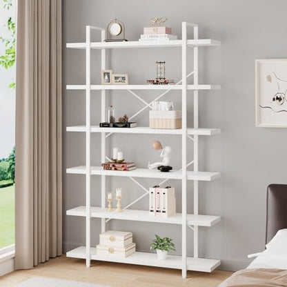 HSH White Bookshelf, 6 Tier Tall Bookcases for Bedroom Living Room Office | Industrial Modern Vertical Metal and Wood Bookcases, Farmhouse 6 Shelf Open Large Storage Book Shelves Display Book Shelf