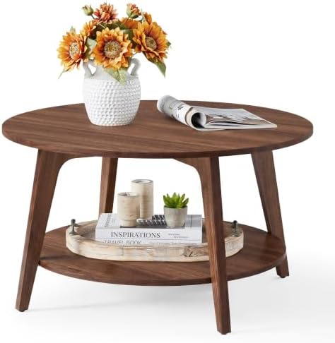 VASAGLE MAEZO Collection - Round Coffee Table, 2-Tier Center Table with Storage, Tapered Legs, Curved Transitions, 31.5 Dia. x 17.7 H Inches, Easy Assembly, for Living Room, Honey Brown ULCT243K41 — Chestnut Walnut (2)