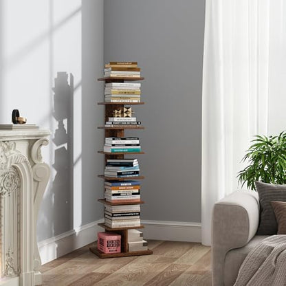 TUTOTAK Book Shelf, Narrow Spine Bookshelf, 8-Tier Bookcase for Small Space | 10.4 x 13.4 x 47.5 Inches Vertical Freestanding Corner Shelf for Living Room, Office, Study, Entryway, Brown BS06BB008