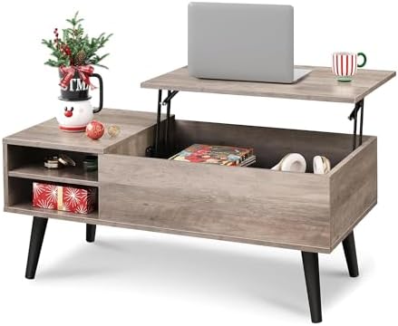 WLIVE Coffee Table with Lifting Top, Hidden Storage & Adjustable Shelf for Living Room Small Space, Multifunctional Rising Wooden Center Table, Mid Century Modern Tables for Home Dining Office, Brown — Greige / 39.4"W x 19.7"D x 16.9"H (2)