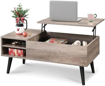 WLIVE Coffee Table with Lifting Top, Hidden Storage & Adjustable Shelf for Living Room Small Space, Multifunctional Rising Wooden Center Table, Mid Century Modern Tables for Home Dining Office, Brown — Greige / 39.4"W x 19.7"D x 16.9"H (2)