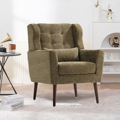 Accent Chair, Comfy Upholstered Living Room Chairs with High Tufted Backrest and Pillow, Wingback Reading Chair with Solid Wood Legs for Bedroom/Office,Teddy Fabric, Light Green — Set of 1 / Olive Green (2)