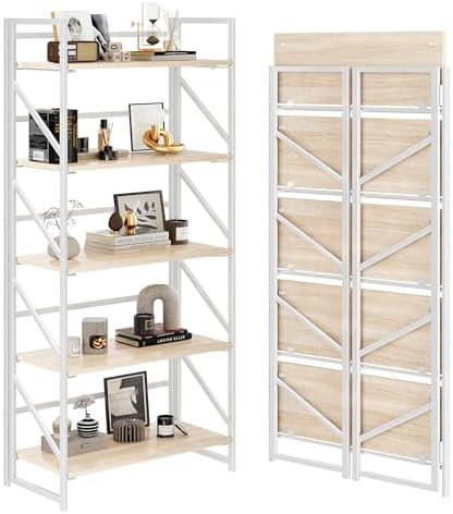 JSB No Assembly Folding Bookshelf, 4 Tier Industrial Metal Book Shelf for Storage, Vintage Wood Foldable Bookcase for Living Room, Bedroom, Office Organization Shelves