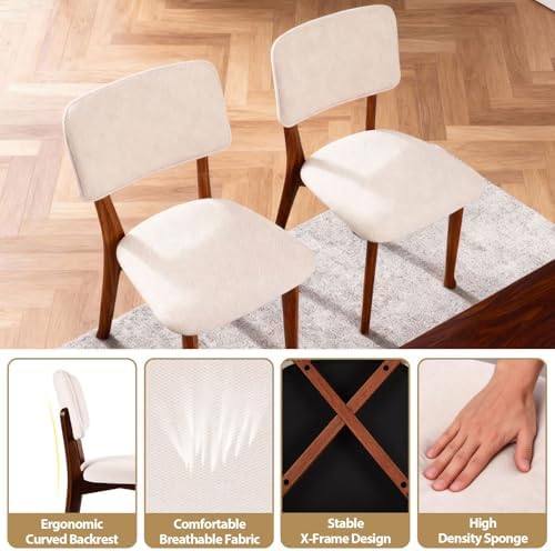 Wooden Dining Chairs Set of 2, Mid Century Modern Kitchen Chairs with Fabric Upholstered and Curved Backrest for Dining Room, Restaurant/Cafe, Walnut