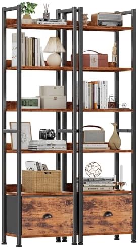 Furologee 5 Tier Bookshelf with Drawer, Tall Narrow Bookcase with Shelves, Wood and Metal Bookshelves Storage Organizer, Industrial Display Standing Shelf Unit for Bedroom, Living Room, Rustic Brown