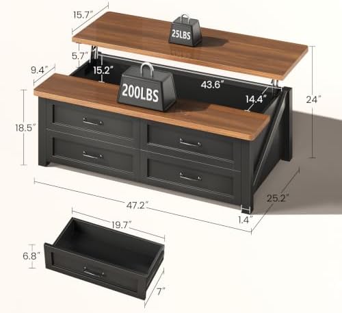 Itaar 47.2" Lift Top Coffee Table with Storage, Farmhouse Coffee Tables for Living Room with 4 Wood Drawers & Large Hidden Storage Space, Center Table for Living Room, Black + Brown