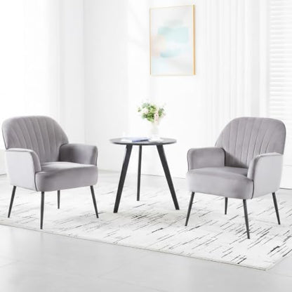 Velvet Accent Chair, Channel Tufted Shell Back Armchair, Ergonomic Upholstered Reading Chair with Wood Legs, Modern Single Sofa Chair for Living Room, Bedroom, Vanity (Gray)
