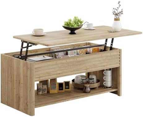 Fluted Lift Top Coffee Table with Hidden & Open Storage, Rectangle Modern Coffee Table for Living Room, Smooth Hydraulic Lift, Large Capacity, Safe Round Corners, Easy to Clean, Vertical Grain-Brown — Horizontal Grain-natural (2)