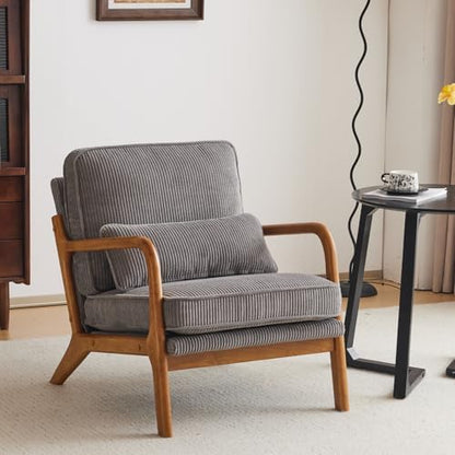 Karl home Mid-Century Modern Accent Reading Chair, Beige | Linen Upholstered, Solid Wood Frame, Soft Cushion, Lumbar Pillow, Lounge Armchair for Living Room, Bedroom, Balcony, Study — Corduroy Gray (2)
