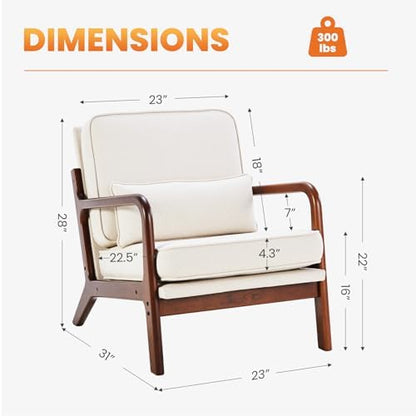 DUMOS Mid Century Modern Accent Chair, Armchair with Lumbar Pillow and Waist Cushion, Solid Wood Frame Lounge Chair for Living Room, Bedroom, Reading Nook, Small Apartment Corner, Ivory White