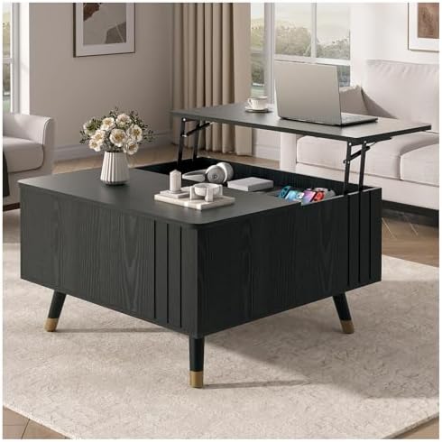 JOINICE 31.5" Round Coffee Table with Storage for Living Room, Walnut | Hidden Storage,Fluted Sliding Door,Mid Century Furniture for Small Apartments,Solid Wood Legs,Easy Assembly,Up to 110 lbs — Black_square (2)