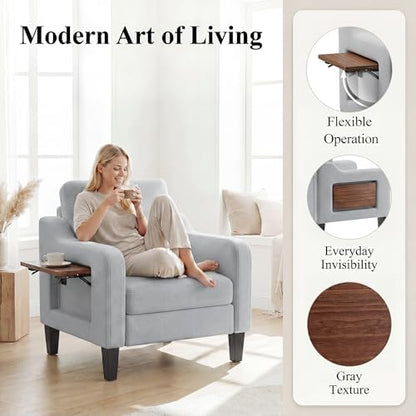 Accent Chair for Living Room, Mid-Century Upholstered Armchair with Foldable Table & 2 Side Pockets, Modern Linen Wooden Sofa Chair for Bedroom & Reading Room, Light Grey