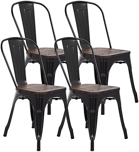 FDW | Metal Dining Chairs | Set of 4 | Black | Stackable Tolix Side Chairs with Backrest | Scratch-Resistant | Non-Slip Feet | Indoor/Outdoor Use | 330 lbs Capacity | for Kitchen & Restaurant — Black / Steel Seat (9)