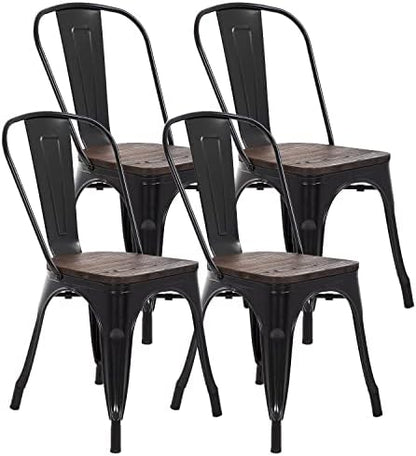FDW | Metal Dining Chairs | Set of 4 | Black | Stackable Tolix Side Chairs with Backrest | Scratch-Resistant | Non-Slip Feet | Indoor/Outdoor Use | 330 lbs Capacity | for Kitchen & Restaurant — Black / Steel Seat (9)